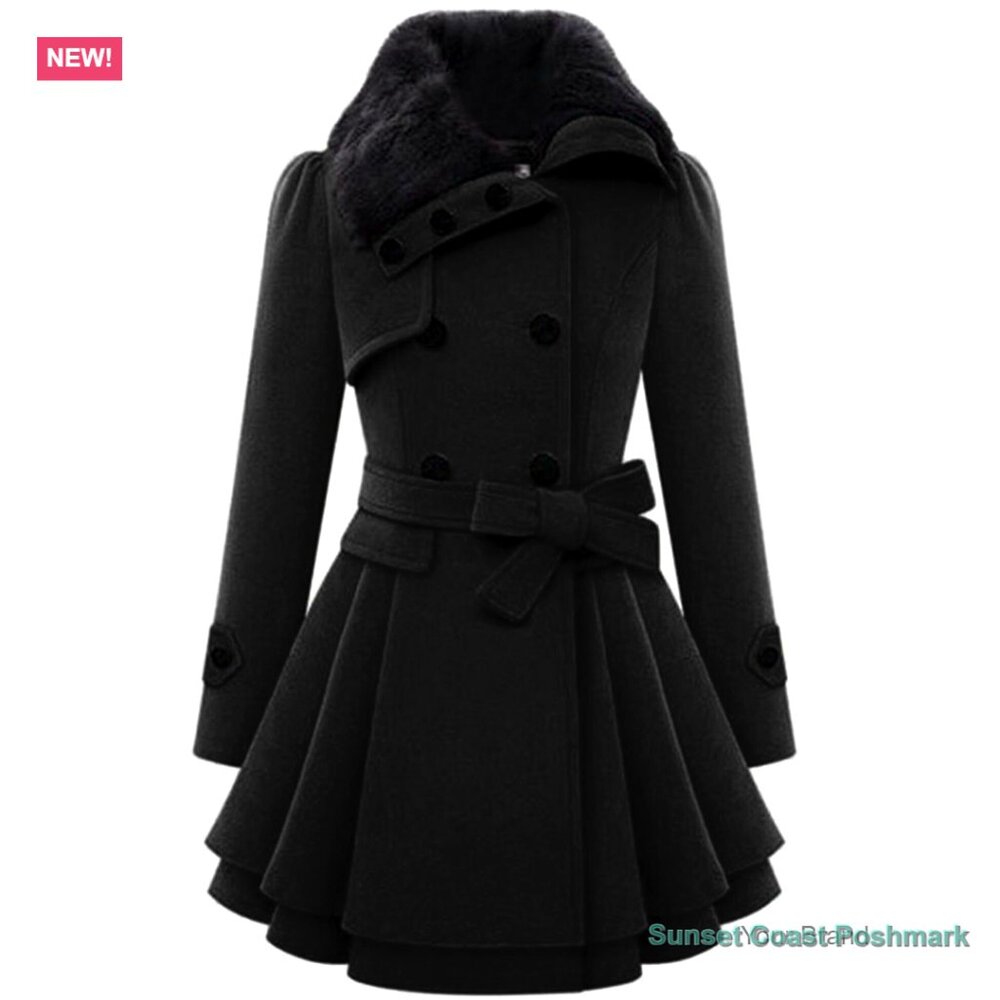 Faux Fur Lapel Wool Trench Coat Winter Warm Double-Breasted Jacket